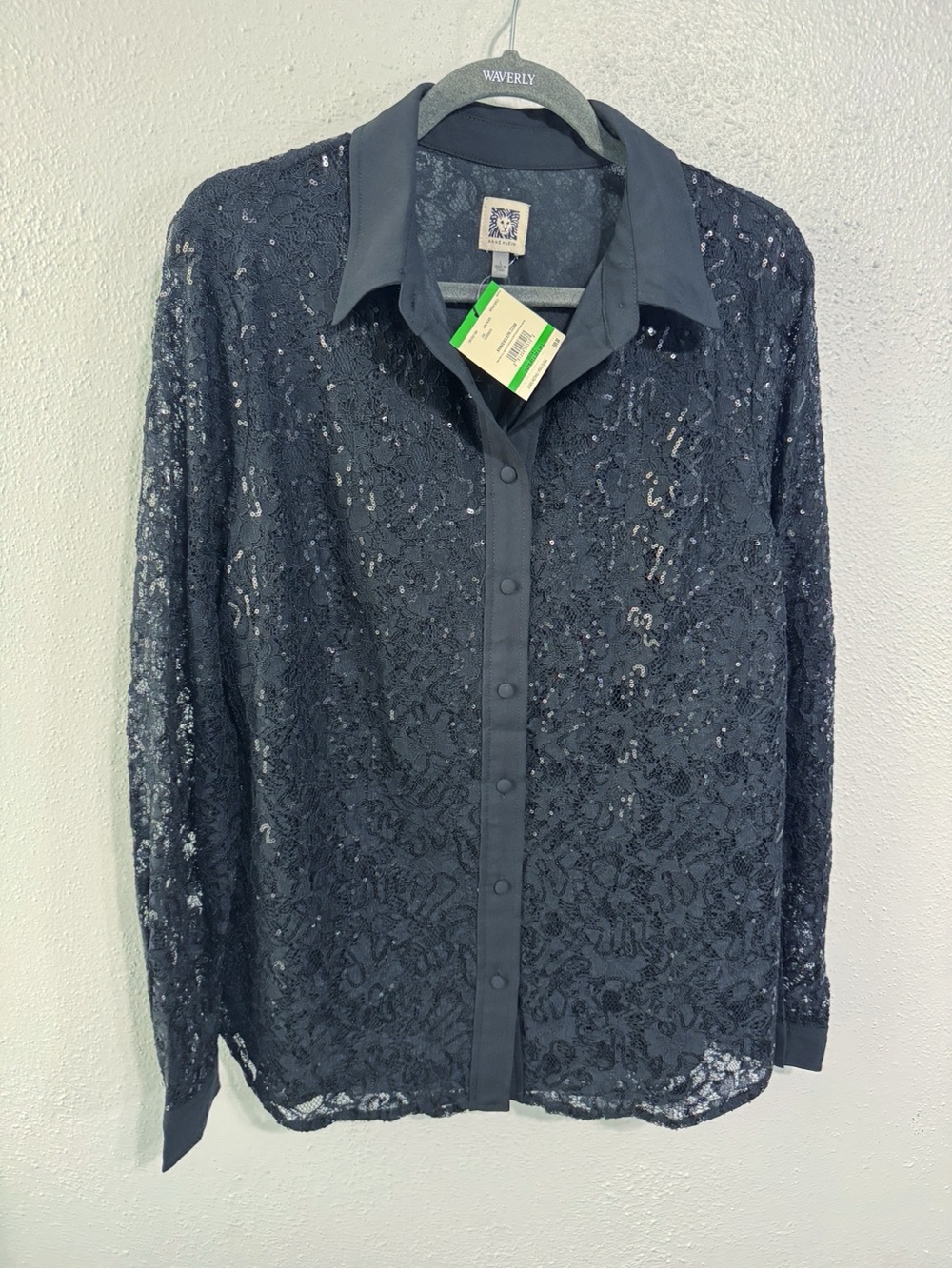 NWT Anne Klein black Lace Button-Up Collared sequined Blouse large